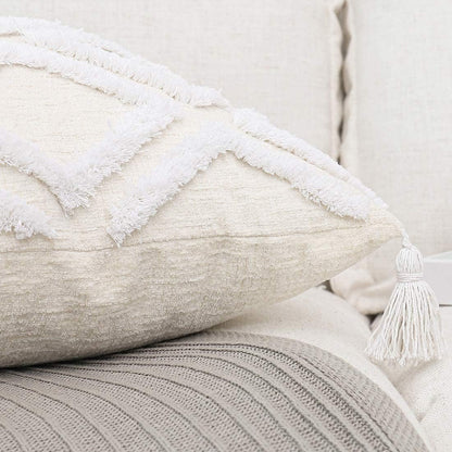 Boho White Throw Pillow Cover 18X18 Inch with Tassels, Moroccan Tufted Decorative Cream Chenille Fabric Accent Textured Cushion Case for Bed Couch, 1 PC Cover Only No Insert