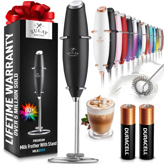 Zulay Kitchen Powerful Milk Frother Wand With 2 Duracell Batteries - Ultra Fast Handheld Drink Mixer - Electric Whisk Foam Maker for Coffee Lattes Cappuccino Matcha Hot Chocolate & Creamer - Black - Zayd’s Department Store