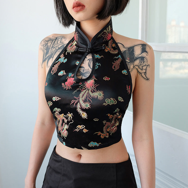 Europe and the United States cross-border instant selling sense of backless sleeveless hanging neck dragon embroidery Chinese style small vest women's wear - Zayd’s Department Store