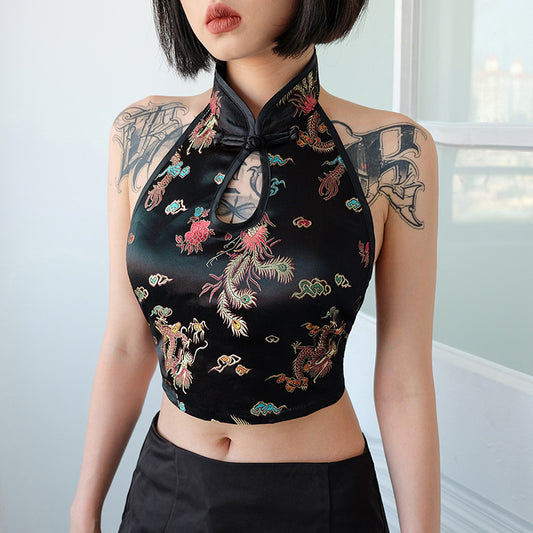 Europe and the United States cross-border instant selling sense of backless sleeveless hanging neck dragon embroidery Chinese style small vest women's wear - Zayd’s Department Store