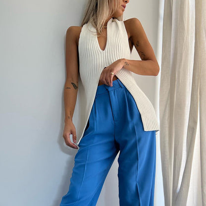 Knitted split medium long vest Europe and the United States spring and summer a generation of cross-border low-cut backless blouse - Zayd’s Department Store