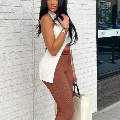 Knitted split medium long vest Europe and the United States spring and summer a generation of cross-border low-cut backless blouse - Zayd’s Department Store