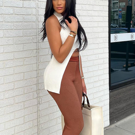 Knitted split medium long vest Europe and the United States spring and summer a generation of cross-border low-cut backless blouse - Zayd’s Department Store