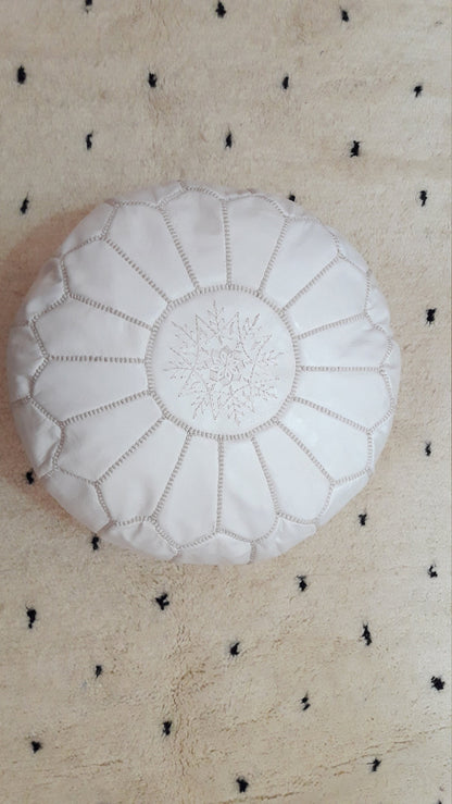 Handmade White Leather Moroccan Pouf Ottoman