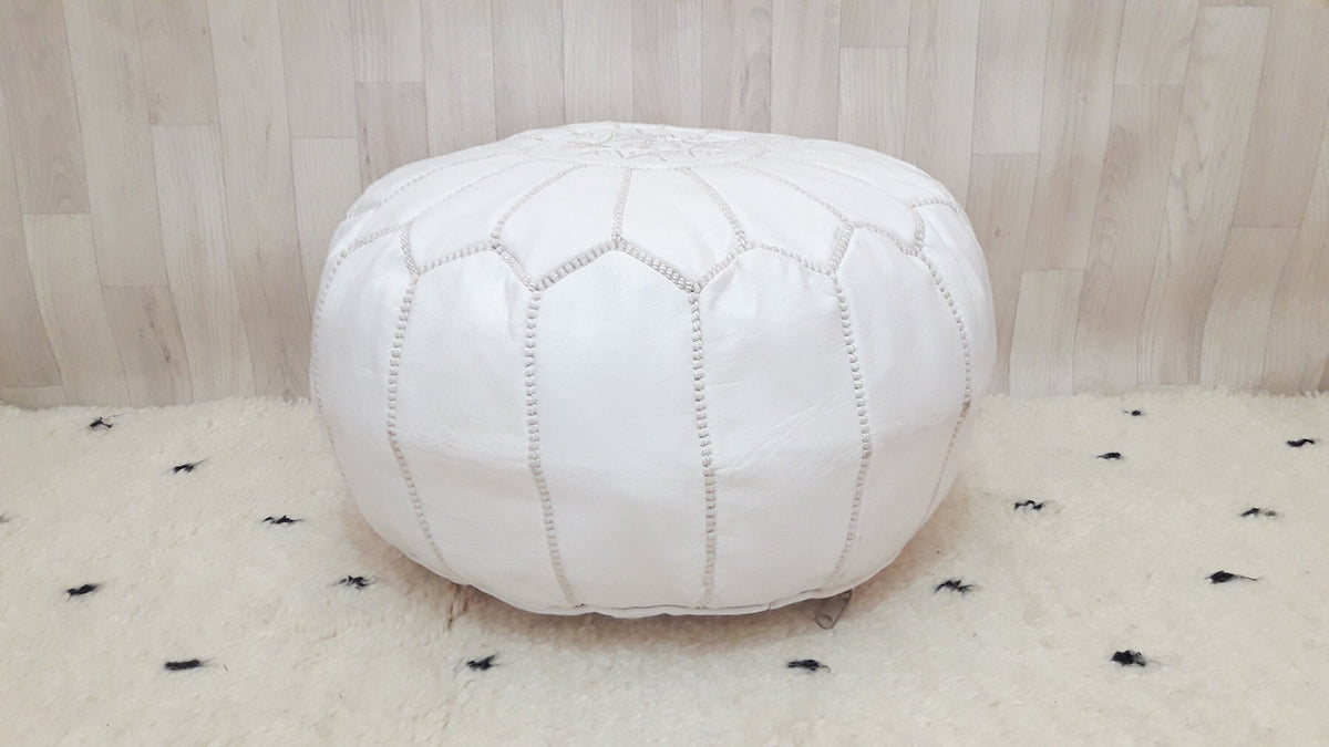 Handmade White Leather Moroccan Pouf Ottoman