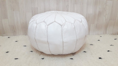 Handmade White Leather Moroccan Pouf Ottoman