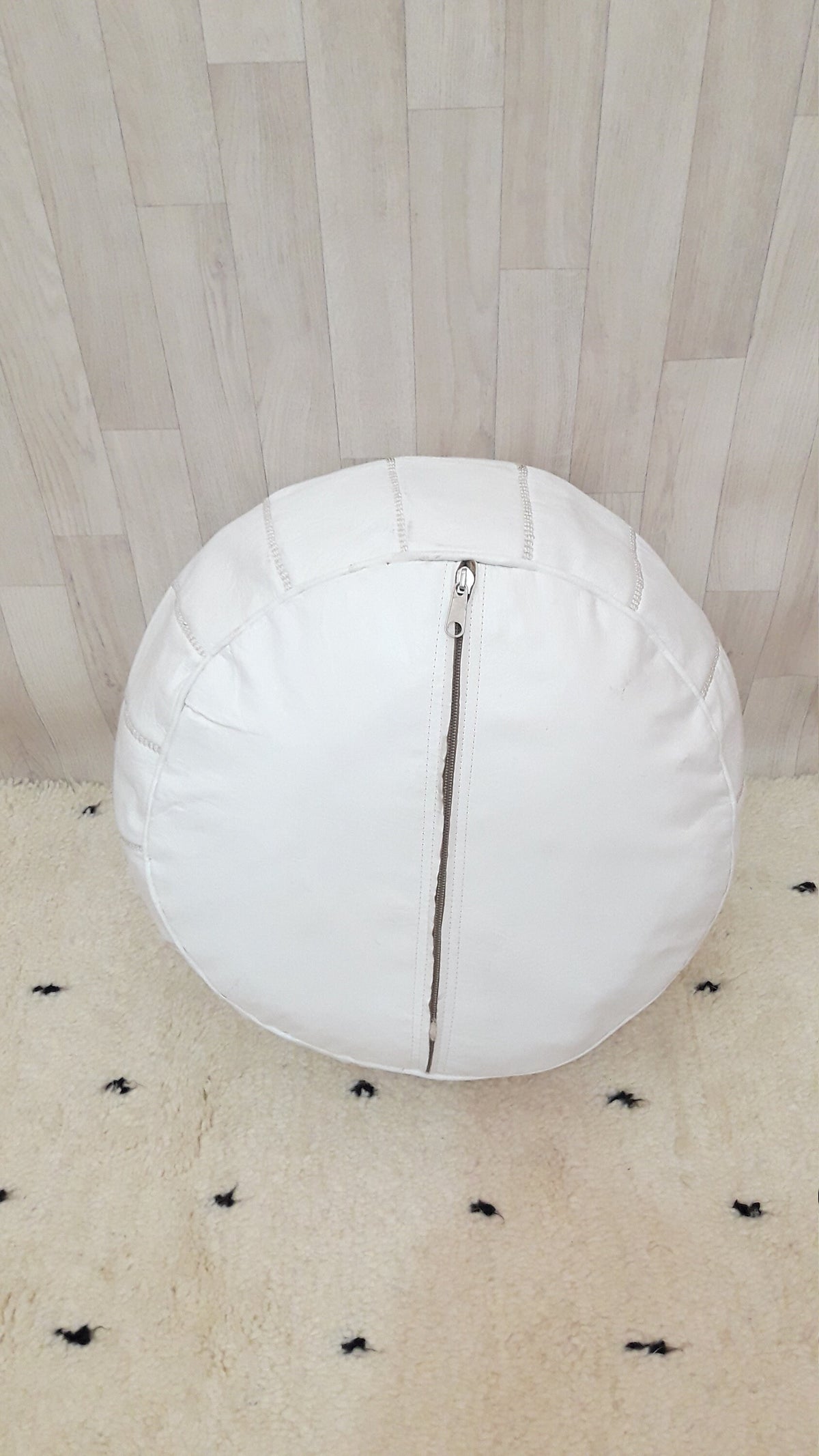 Handmade White Leather Moroccan Pouf Ottoman
