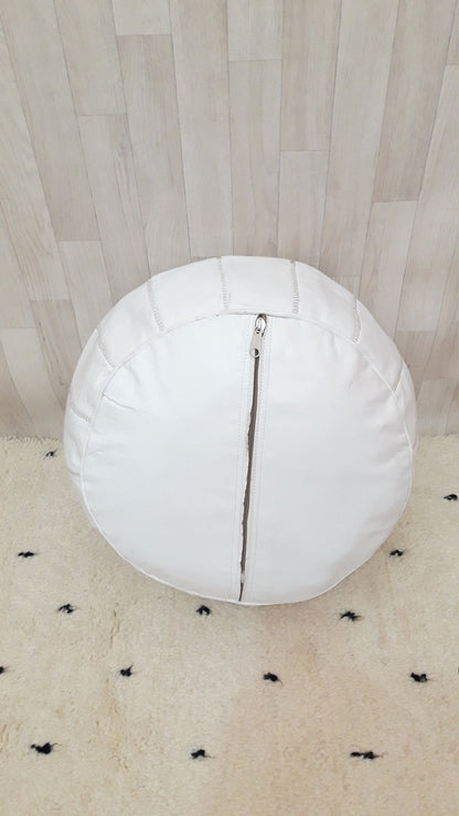 Handmade White Leather Moroccan Pouf Ottoman
