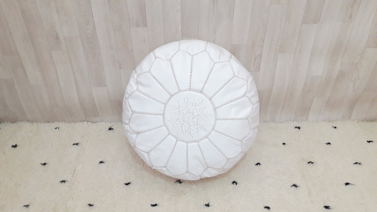 Handmade White Leather Moroccan Pouf Ottoman
