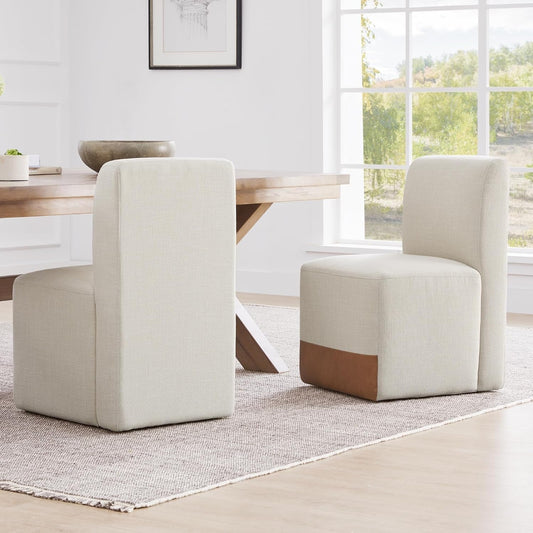 Dining Chairs with Casters Set of 2, FSC Certified Upholstered Armless Modern Rolling Dining Chairs with Rollers for Bedroom Reading Room Living Room, Linen & Cognac Faux Leather Patchwork - Zayd’s Department Store
