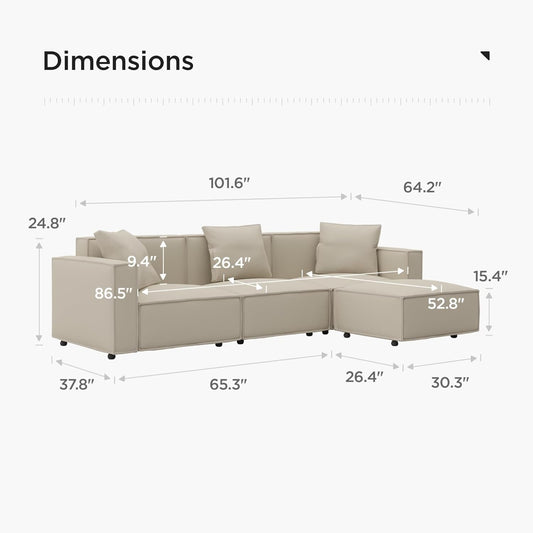 Luxury Modular Sectional Living Room Sofa Set, Modern Minimalist Style Couch with Ottoman and Chaise, L-Shape, Cream - Zayd’s Department Store