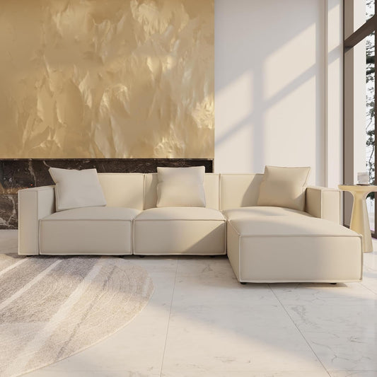 Luxury Modular Sectional Living Room Sofa Set, Modern Minimalist Style Couch with Ottoman and Chaise, L-Shape, Cream - Zayd’s Department Store
