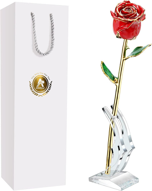 Valentines Day Gifts for Her - 24K Gold Rose Made from Real Rose, Unique Design Gold Plated for Anniversary (Red Original with Stand) - Zayd’s Department Store