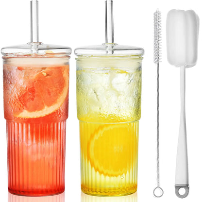 ALINK Glass Cups with Lids and Glass Straws，22 OZ High Borosilicate Glass TumblerMason Jar Drinking Glasses Iced Coffee Cup Water Smoothie - Zayd’s Department Store