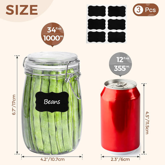 Airtight Glass Canister Set of 3 with Lids 34Oz Food Storage Jar round - Storage Container with Clear Preserving Seal Wire Clip Fastening for Kitchen Canning Cereal,Pasta,Sugar,Beans,Spice - Zayd’s Department Store