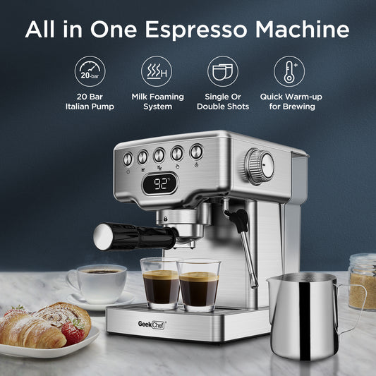 Geek Chef Espresso Machine, 20 Bar Espresso Machine With Milk Frother For Latte, Cappuccino, Macchiato, For Home Espresso Maker, 1.8L Water Tank, Stainless Steel, Ban On Amazon - Zayd’s Department Store
