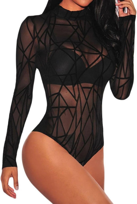 Long Sleeve Bodysuit for Women Mesh Bodysuit Turtleneck Sheer Tops Geo Print Leotards S-XXL - Zayd’s Department Store