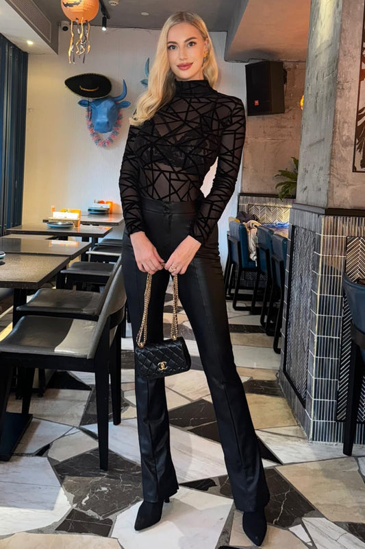 Long Sleeve Bodysuit for Women Mesh Bodysuit Turtleneck Sheer Tops Geo Print Leotards S-XXL - Zayd’s Department Store