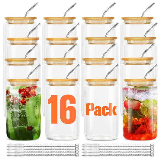 ASKIZ [16Pcs Set] Glass Cups With Bamboo Lids And Straws16Oz Glass Water Bottles Glass Jars Cups Drinking Glasses Beer Glasses Ice Coffee Glasses For Juicing Coffee Soda Tea - Zayd’s Department Store