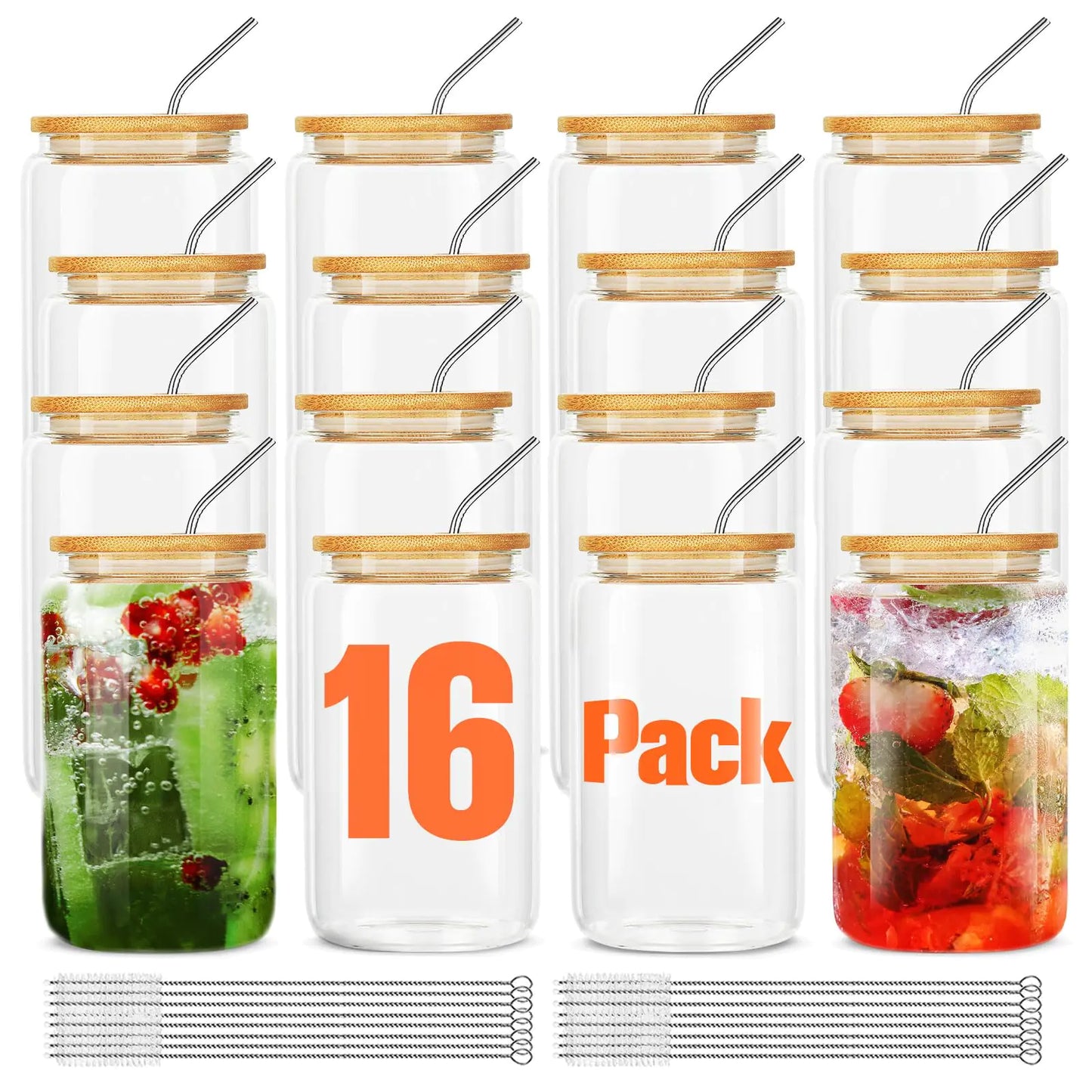 ASKIZ [16Pcs Set] Glass Cups With Bamboo Lids And Straws16Oz Glass Water Bottles Glass Jars Cups Drinking Glasses Beer Glasses Ice Coffee Glasses For Juicing Coffee Soda Tea - Zayd’s Department Store