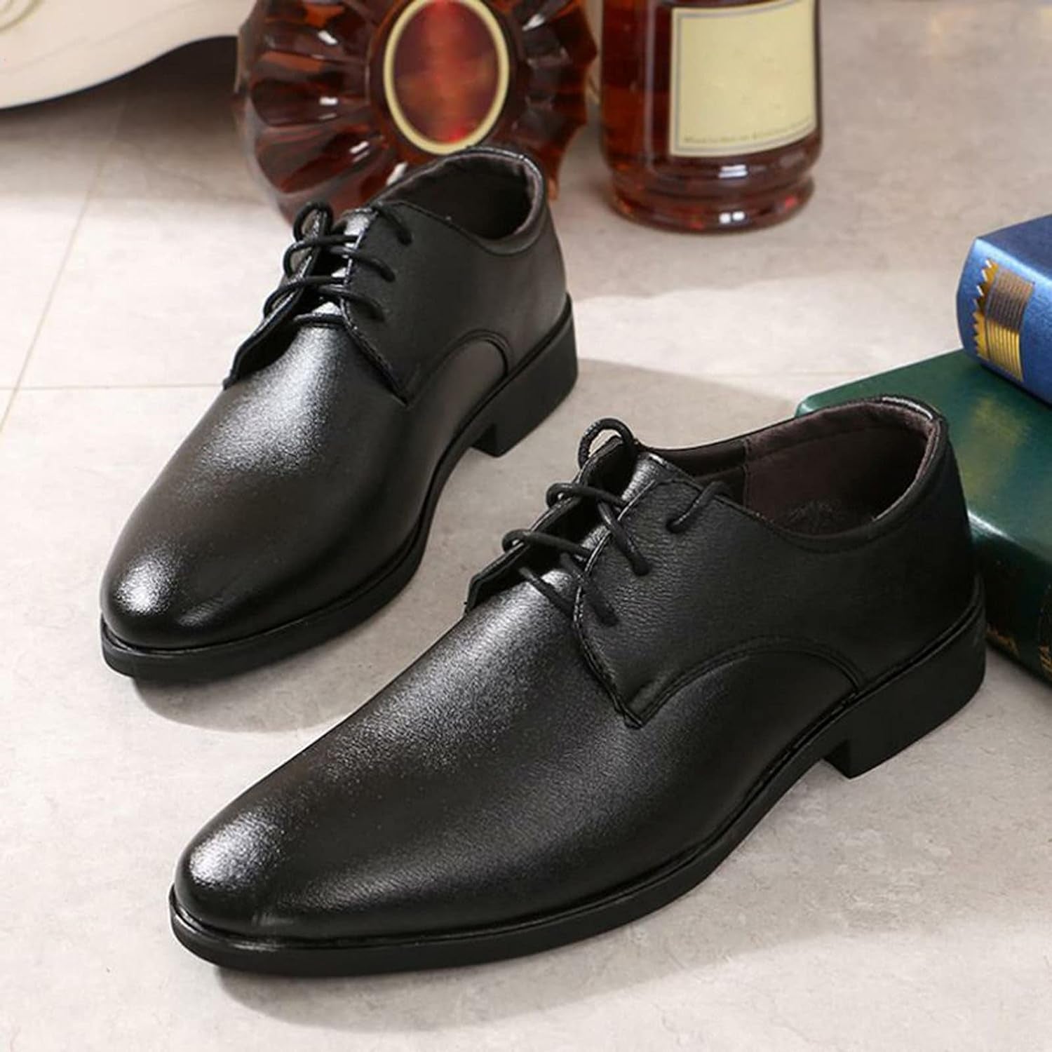 Men’S Fashion Handcrafted Casual Oxford Style Black Leather Full Brogue Derby Dress Lace up Shoe W/Medallion, Open Lacing Section, Wingtip Toe, & Chunky Wedged Heel - Zayd’s Department Store
