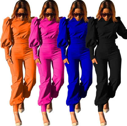 Womens Fashion 2 Piece Outfits Pullover Mock Neck Puff Sleeve Tops High Waist Pants Sets Jumpsuit Streetwear - Zayd’s Department Store