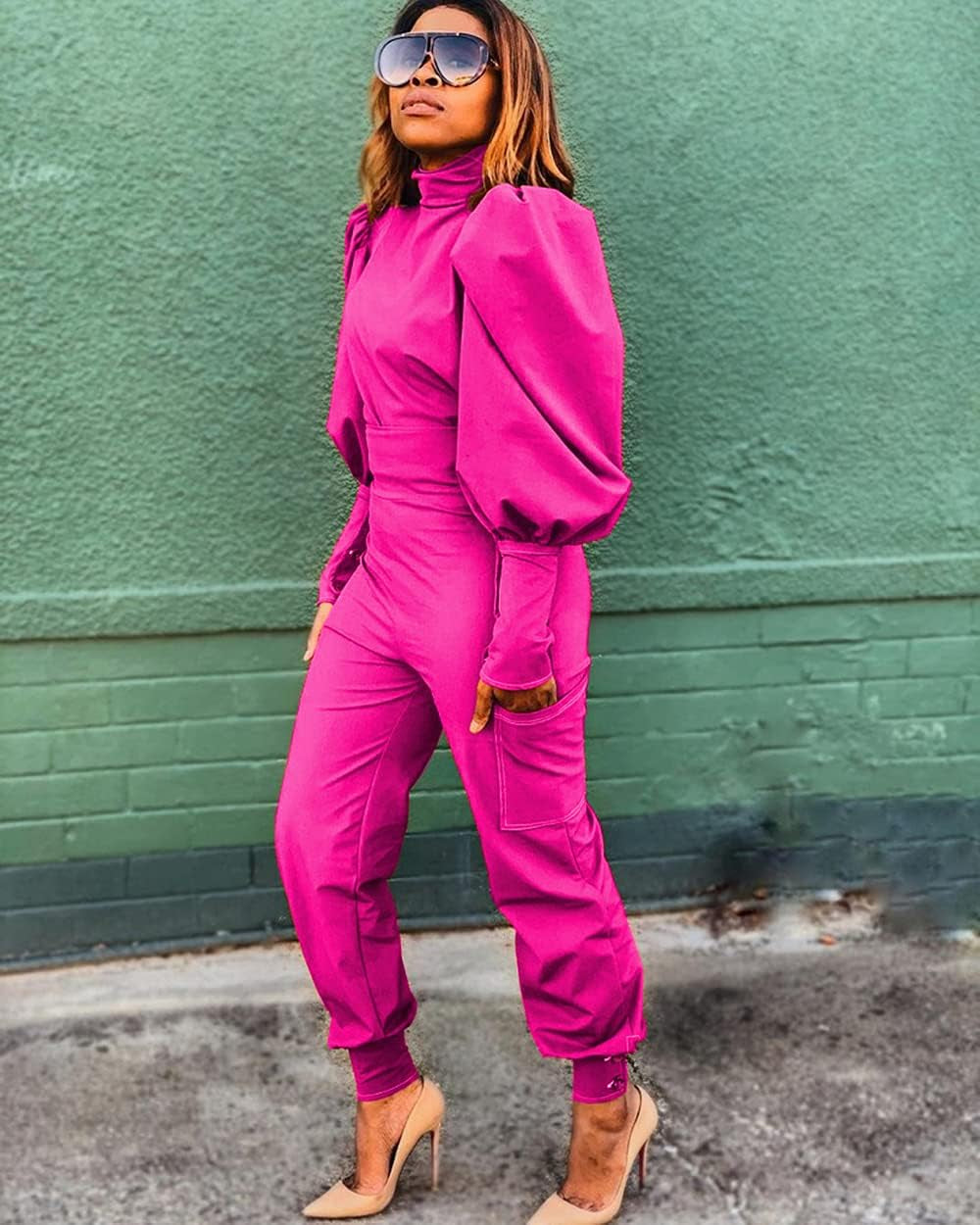 Womens Fashion 2 Piece Outfits Pullover Mock Neck Puff Sleeve Tops High Waist Pants Sets Jumpsuit Streetwear - Zayd’s Department Store