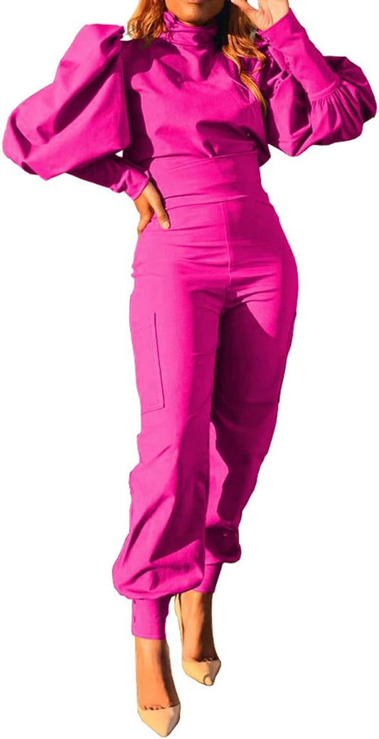 Womens Fashion 2 Piece Outfits Pullover Mock Neck Puff Sleeve Tops High Waist Pants Sets Jumpsuit Streetwear - Zayd’s Department Store