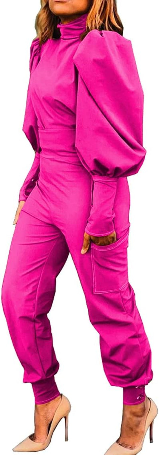 Womens Fashion 2 Piece Outfits Pullover Mock Neck Puff Sleeve Tops High Waist Pants Sets Jumpsuit Streetwear - Zayd’s Department Store