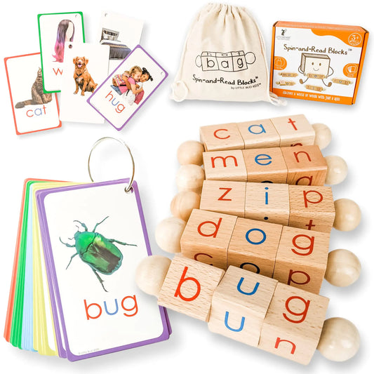 LITTLE BUD KIDS Spin-and-Read Montessori Phonetic Reading Blocks with CVC Phonics Flashcards for Beginner Readers Montessori Reading Wooden Toys for 3 Years + - Zayd’s Department Store