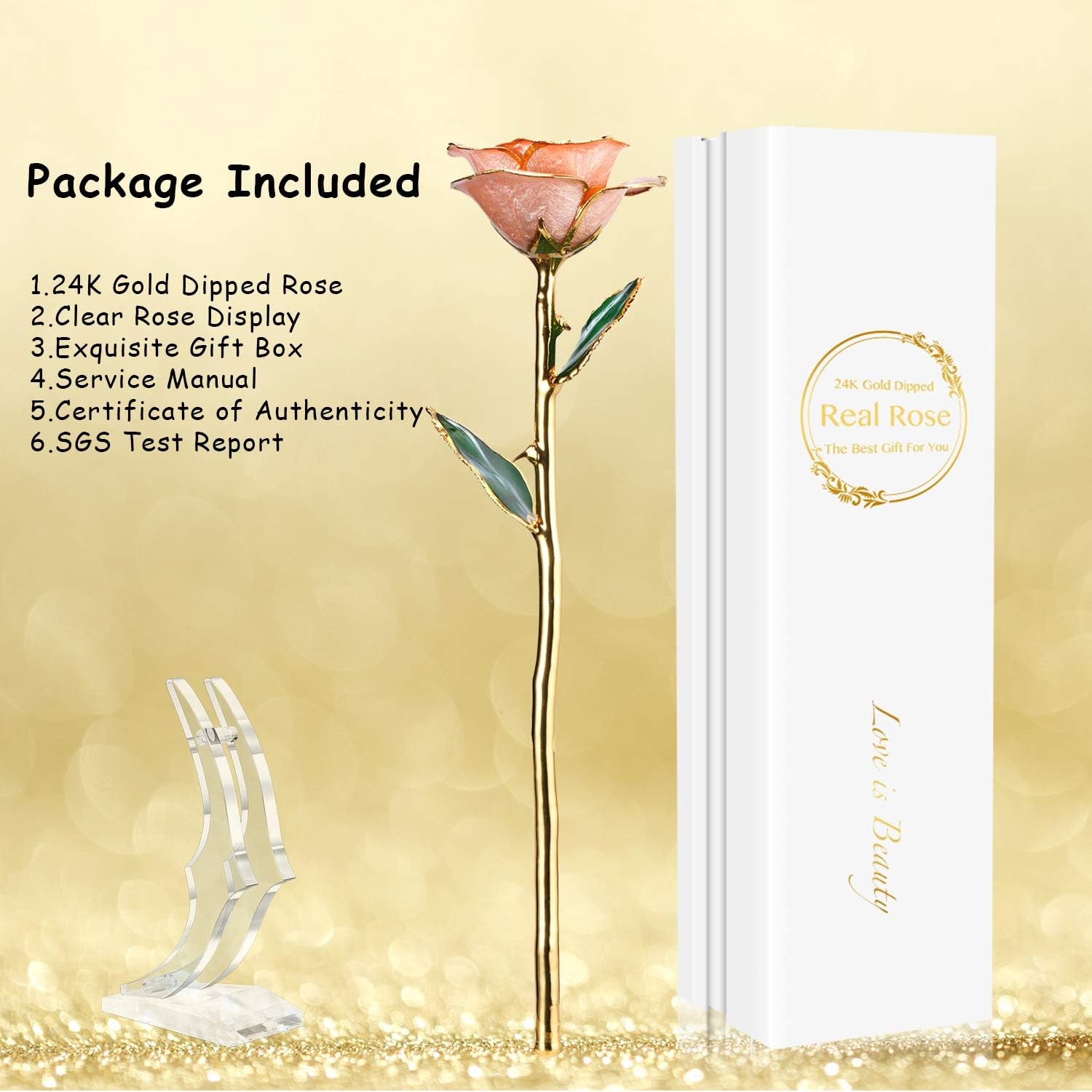24K Gold Rose, Gold Dipped Rose Made from Real Rose Best Gifts for Her and Great Gifts for Wife, Pink with Stand - Zayd’s Department Store