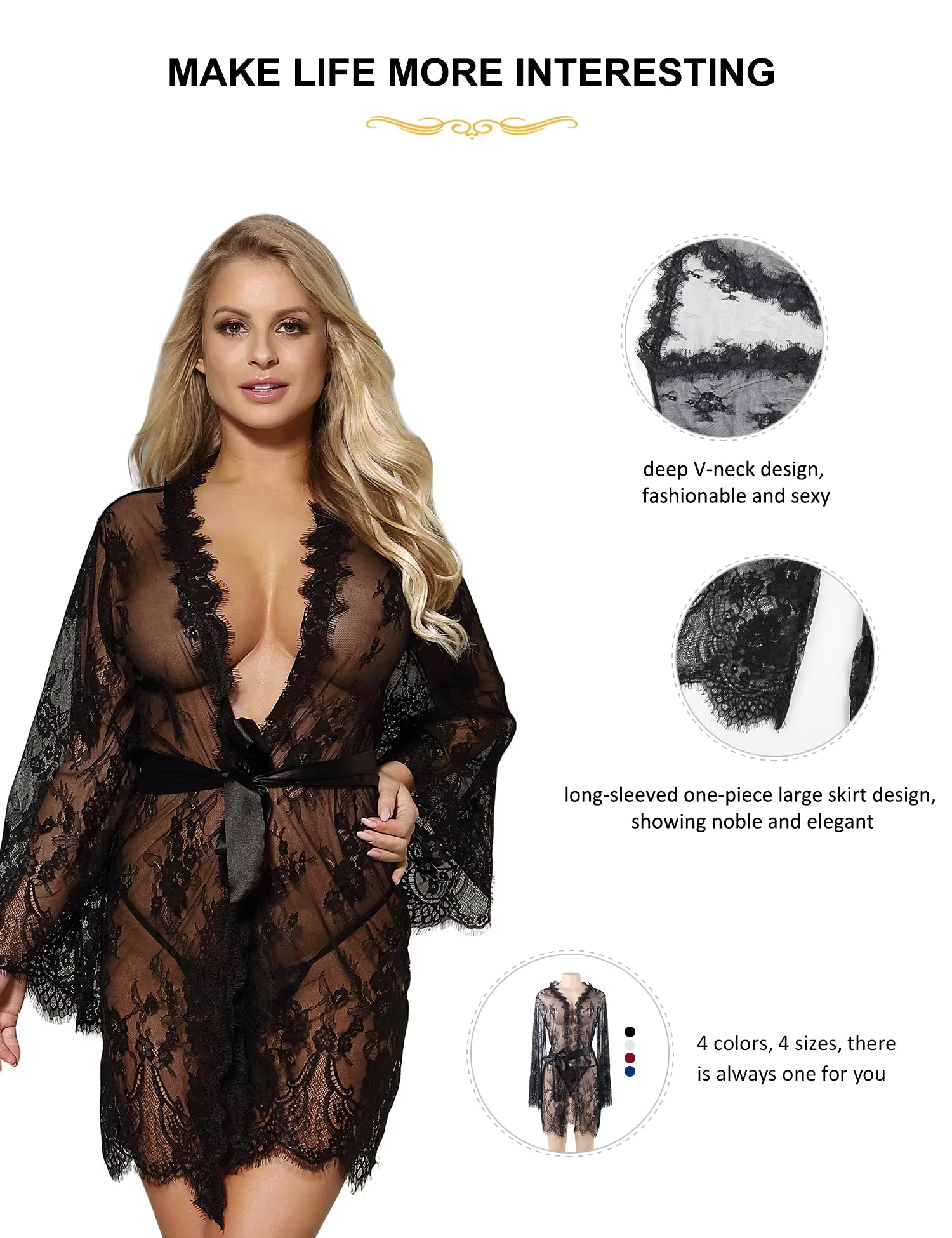Babydoll Eyelash Lace Dressing Gown with Belts plus Size Chemise Women Erotic Clothing Mesh Ribbons Sexy Lingerie Set