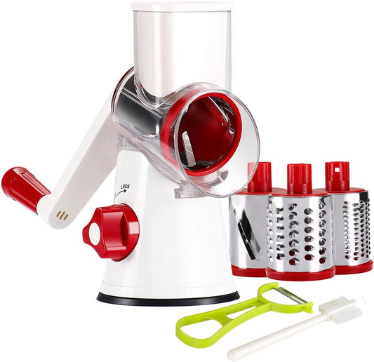 Rotary Cheese Grater Hand Crank, Kitchen Shredder Speed Mandolin Slicer Nuts Grinder with Handle and Drum Blades for Cheese, Vegetable, Chocolate, Potato, Carrot, 3 Blades, White Red - Zayd’s Department Store