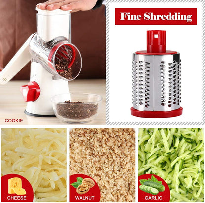 Rotary Cheese Grater Hand Crank, Kitchen Shredder Speed Mandolin Slicer Nuts Grinder with Handle and Drum Blades for Cheese, Vegetable, Chocolate, Potato, Carrot, 3 Blades, White Red - Zayd’s Department Store