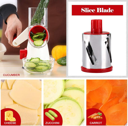 Rotary Cheese Grater Hand Crank, Kitchen Shredder Speed Mandolin Slicer Nuts Grinder with Handle and Drum Blades for Cheese, Vegetable, Chocolate, Potato, Carrot, 3 Blades, White Red - Zayd’s Department Store