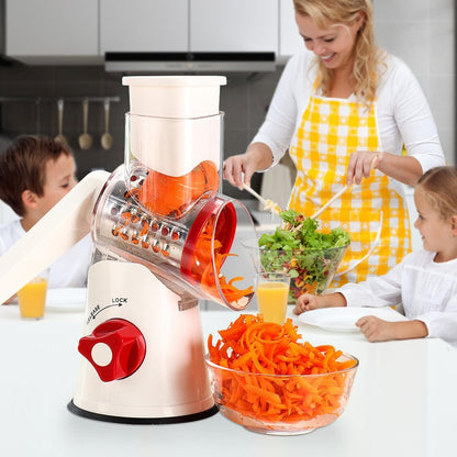 Rotary Cheese Grater Hand Crank, Kitchen Shredder Speed Mandolin Slicer Nuts Grinder with Handle and Drum Blades for Cheese, Vegetable, Chocolate, Potato, Carrot, 3 Blades, White Red - Zayd’s Department Store