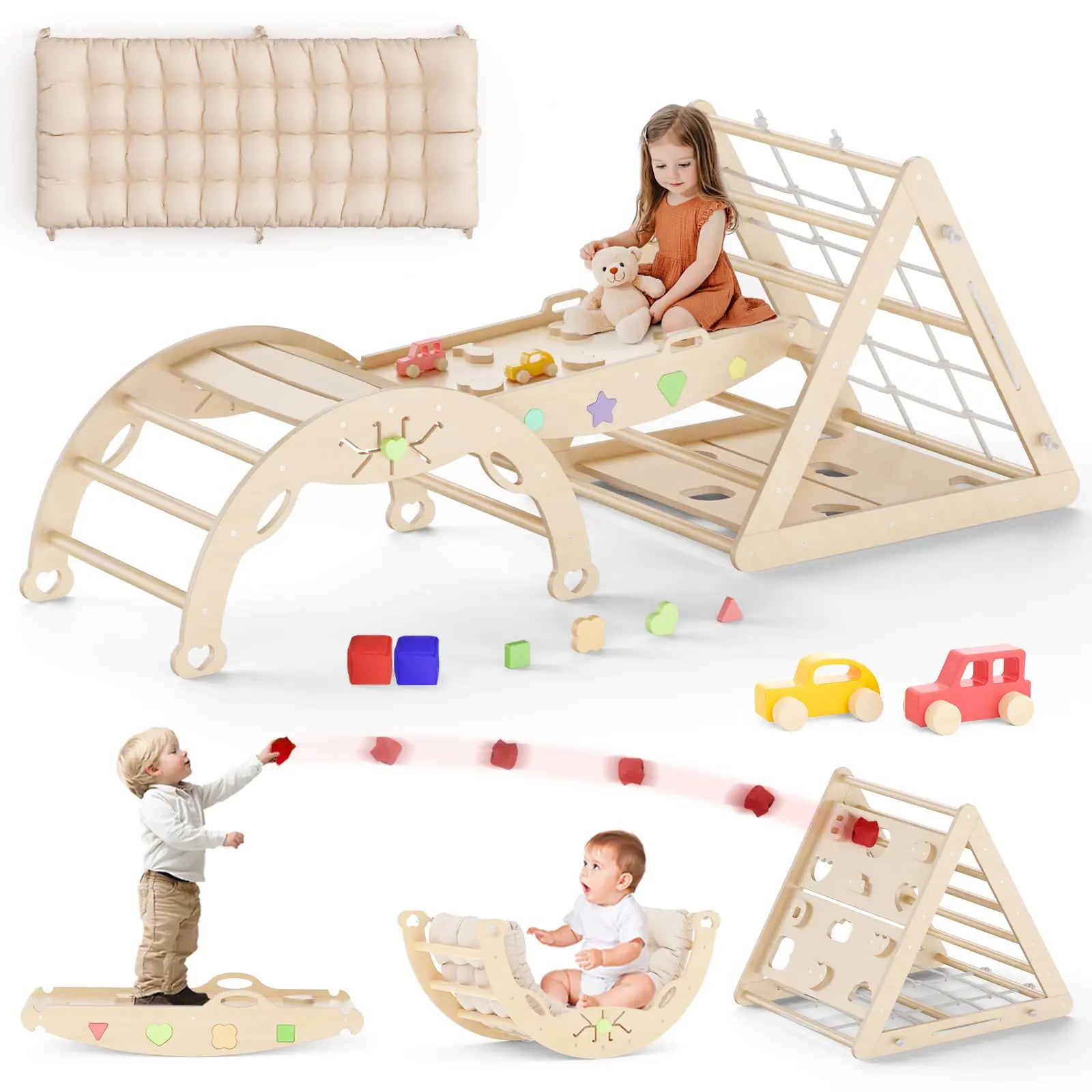 13 in 1 Pikler Triangle Set with Cushion Montessori Climbing Toys for Toddlers Inside Toddler Climbing Toys Indoor Wooden Climbing gym Pikler Set with Bean Bags Maze Shape Sorter Car Toys - Zayd’s Department Store